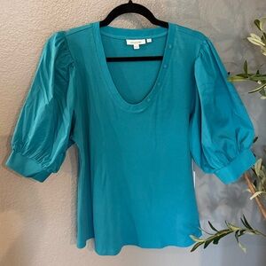 Chico's Ribbed Puff Sleeve Blouse- Pagoda Blue